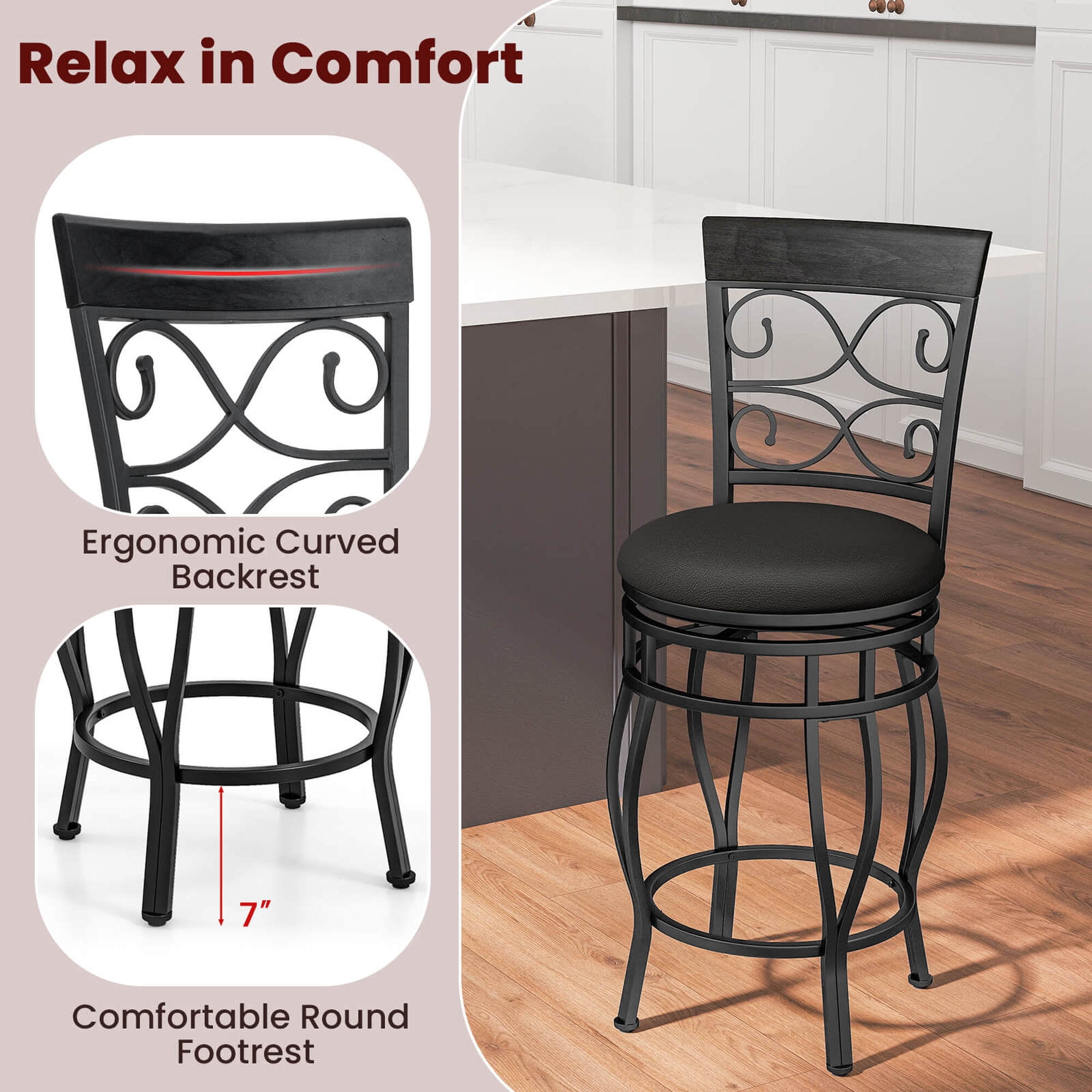 Costway Set of 2 Vintage Swivel Bar Stools 26" Bistro Upholstered Dining Chairs Black