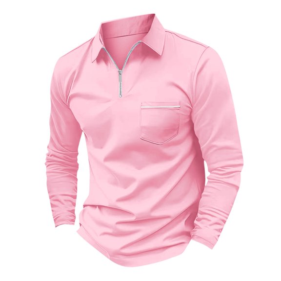 OIOLOYJM Mens Casual Polo Shirts Quarter Zip Long Sleeve Lapel T-Shirts Classic Basic Lightweight Golf Casual Stylish Tees Tops with Pocket Pink L