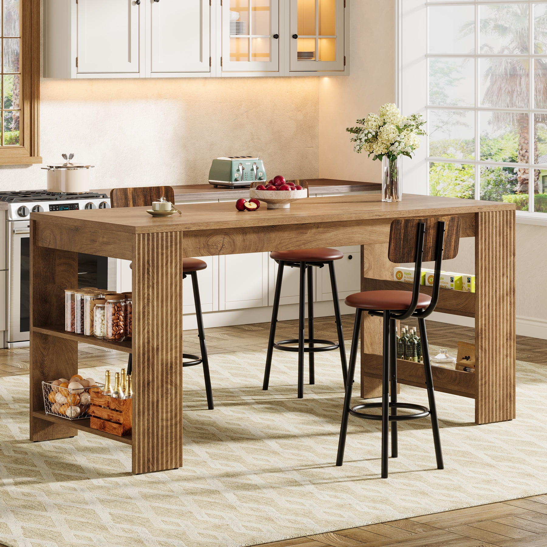 Finmind Kitchen Island with Storage, 63-inch Farmhouse Large Stationary Island Table with Double-Sided Storage Shelves for Kitchen, Dining Room, Living Room, Brown