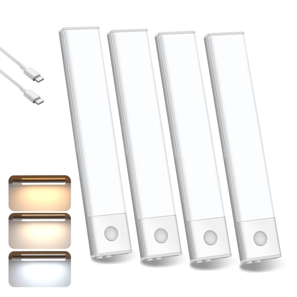 HEEDU 4PCS Luces para Debajo del Clóset, Luz Led con Sensor de Movimiento, 3 Modos, 3 Colores, Brillo Ajustable, Lámpara de Armario Autoadhesiva para Recámara, Cl&