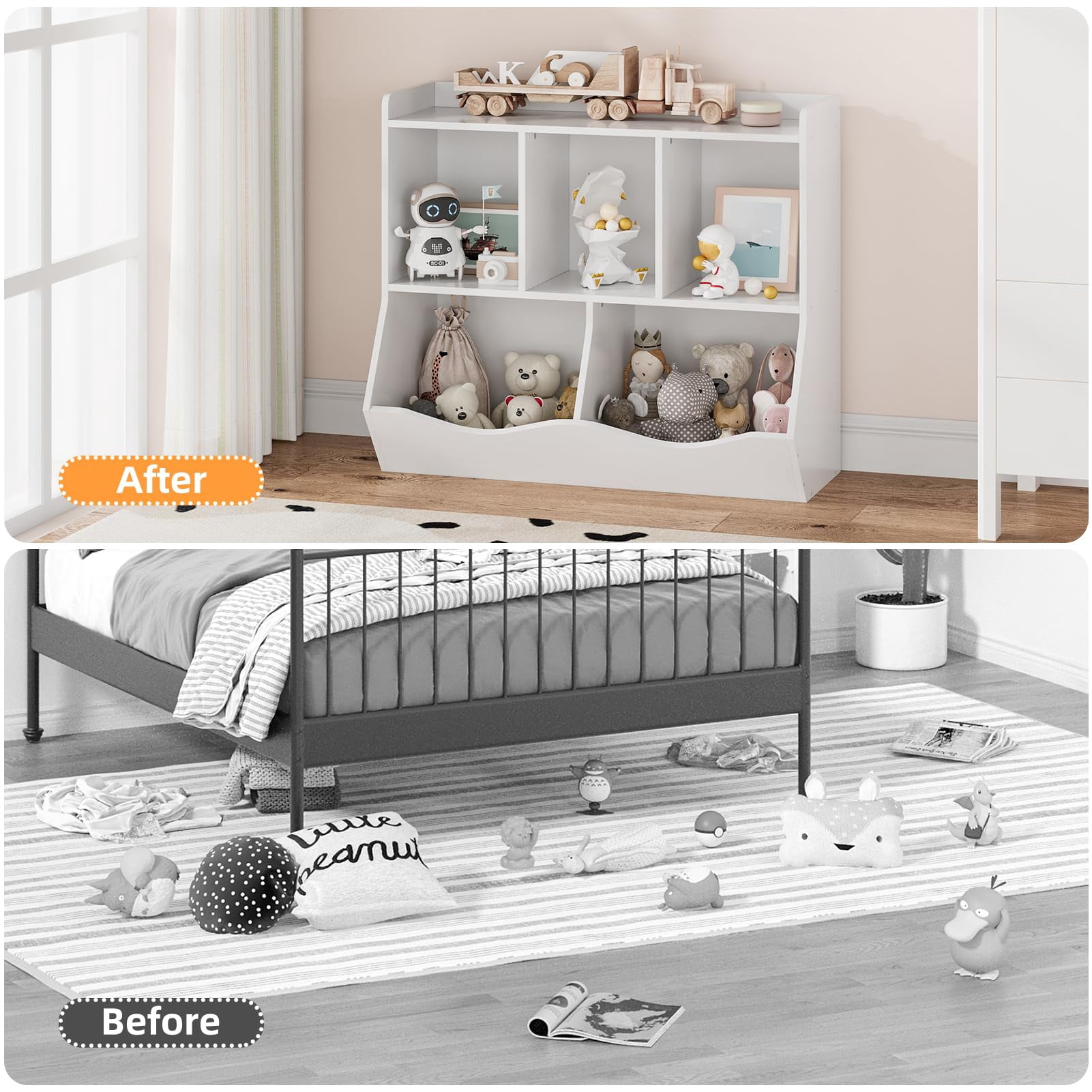 Kids Toy Storage with Bookshelves, Multifunctional Toy Storage Organizer, Toys Box with 5 Storage Compartments, Kids Bookcases Cabinets for Playroom, Bedroom, Nursery, Preschool