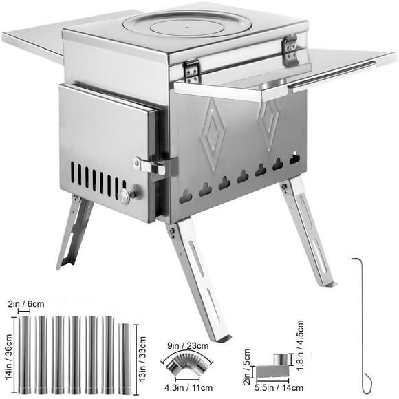 VEVOR Tent Wood Stove 18.1x15x27.2 inch, Camping Wood Stove 304 Stainless Steel with Folding Pipe, Portable Wood Stove 113 inch Total Height for Camping, Tent Heating, Hunting, Outdoor Cooking