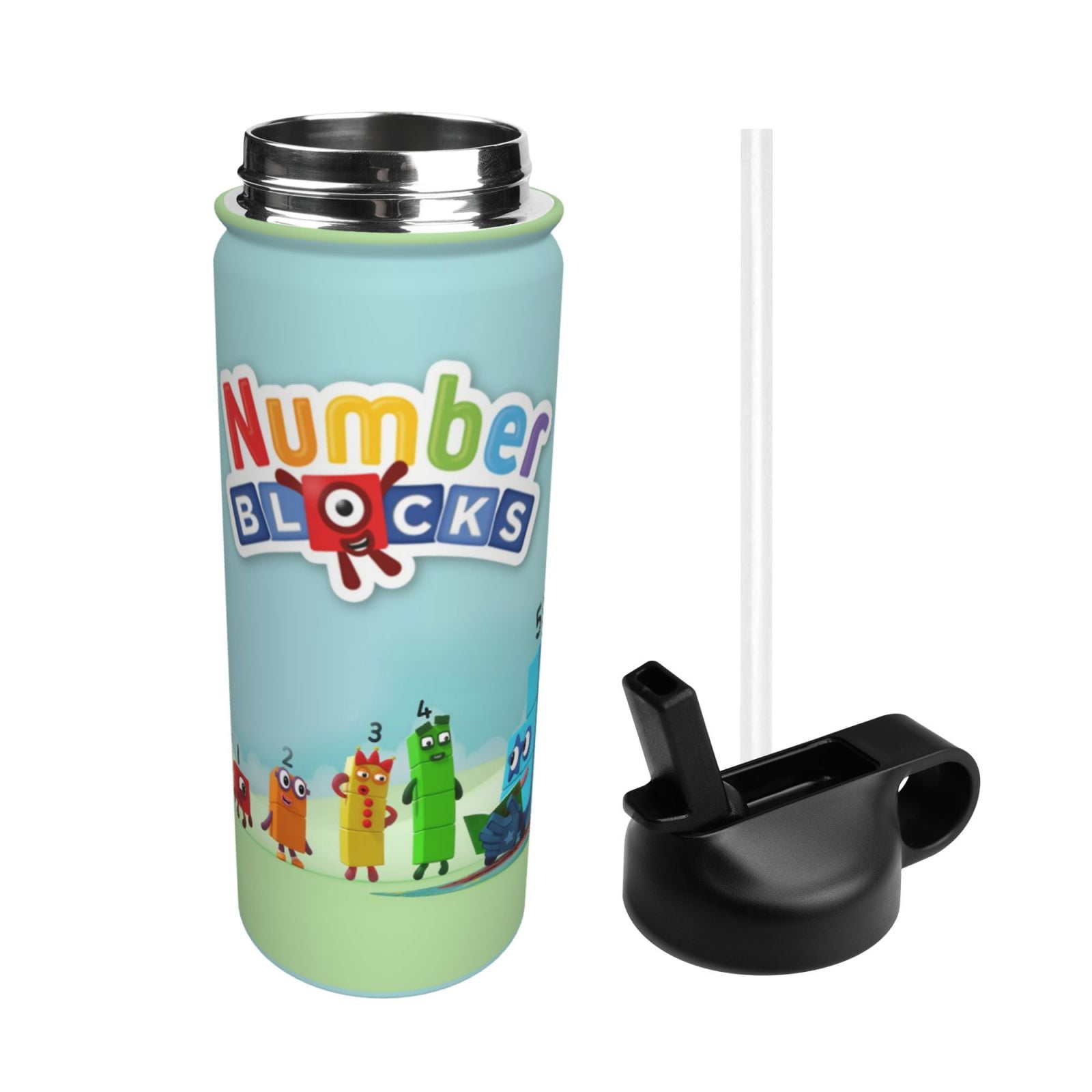 Numberblocks Insulated Water Bottle with Straw Lid, 18 oz Double Wall Vacuum Stainless Steel Kids Cup, Leak Proof Sports Thermos for Travel Fitness Hiking Outdoors