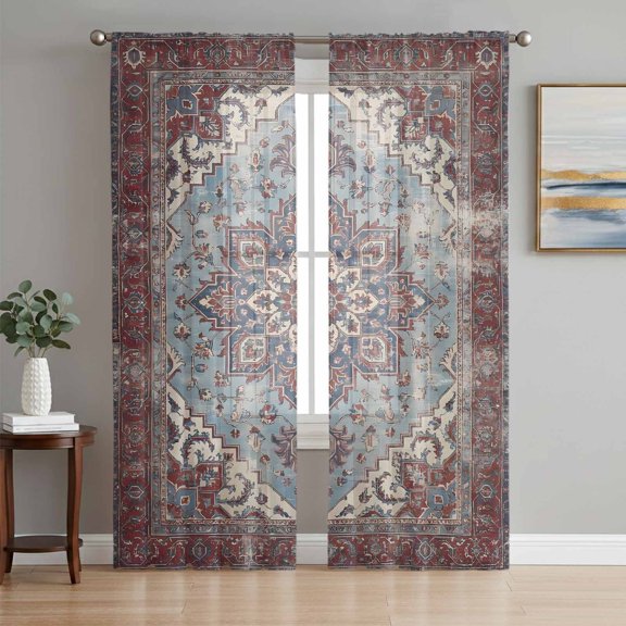 Sheer Curtains 84 Inches Long 2 Panels Set for Living Room, Retro Southwest Semi Sheer Curtains for Windows, Boho Rustic Ethnic Tribal Patterns Red Voile Window Treatments Rod Pocket Curtain
