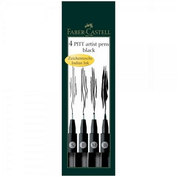 Pitt Artist Drawing Pens Wallet Set of 4 Superfine, Fine, Medium, and Brush Tip, Black