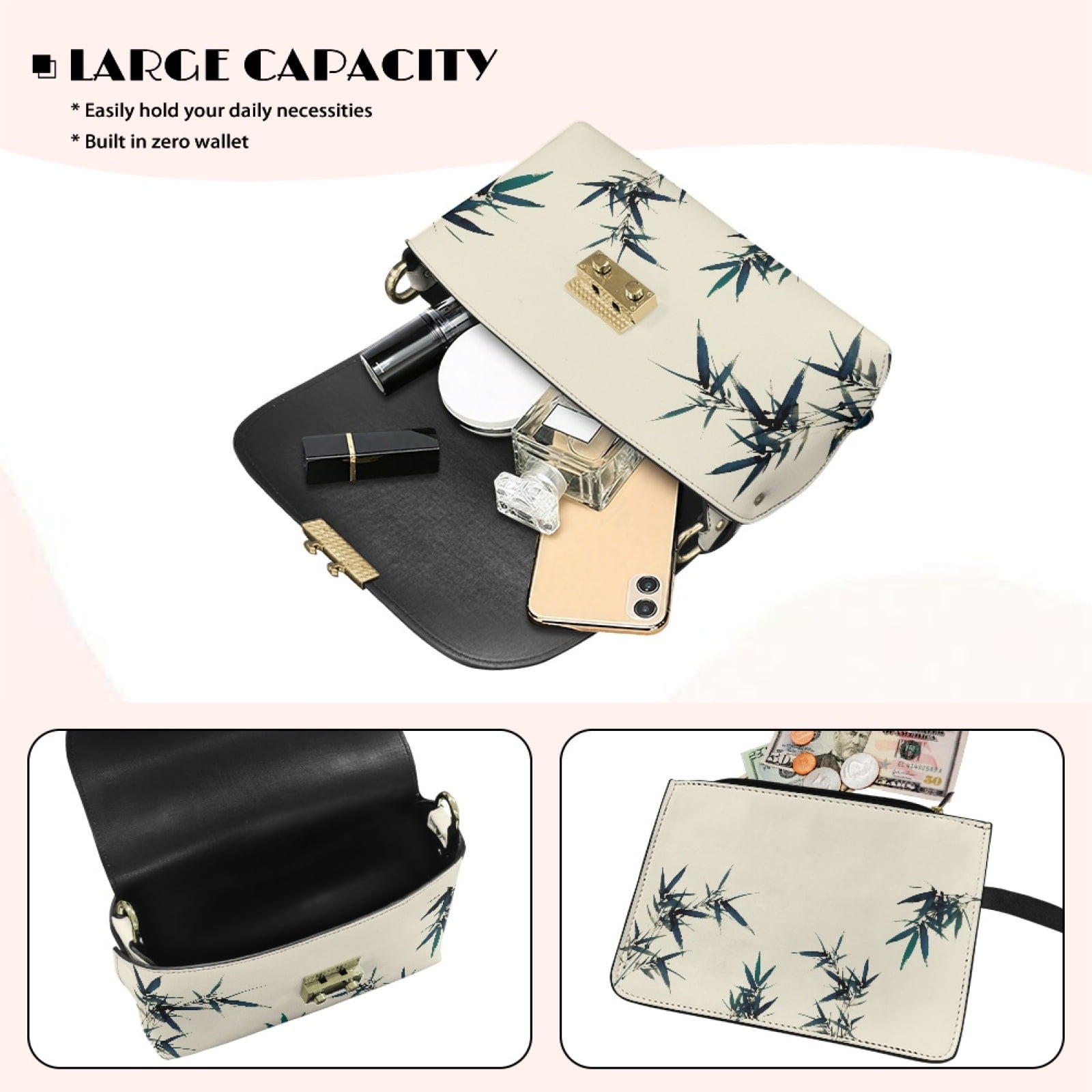 SCRAWLGOD Bamboo Print Beige Dark Blue Crossbody Purses for Women Trendy Crossbody Bags Cell Phone Camera Leather Shoulder Handbags with Metal Buckle