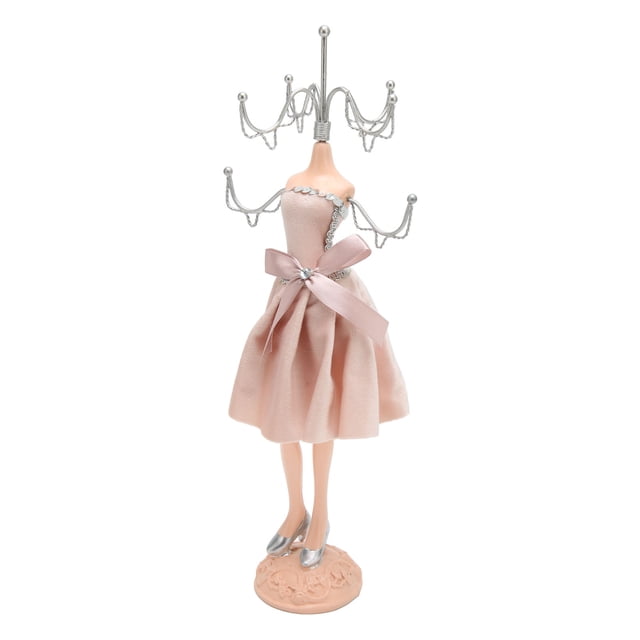 Torre de anillos para maniquí de muñeca, vestido de princesa, pajarita de almacenamiento, modelo de collar de muñeca con soporte plateado, color rosa