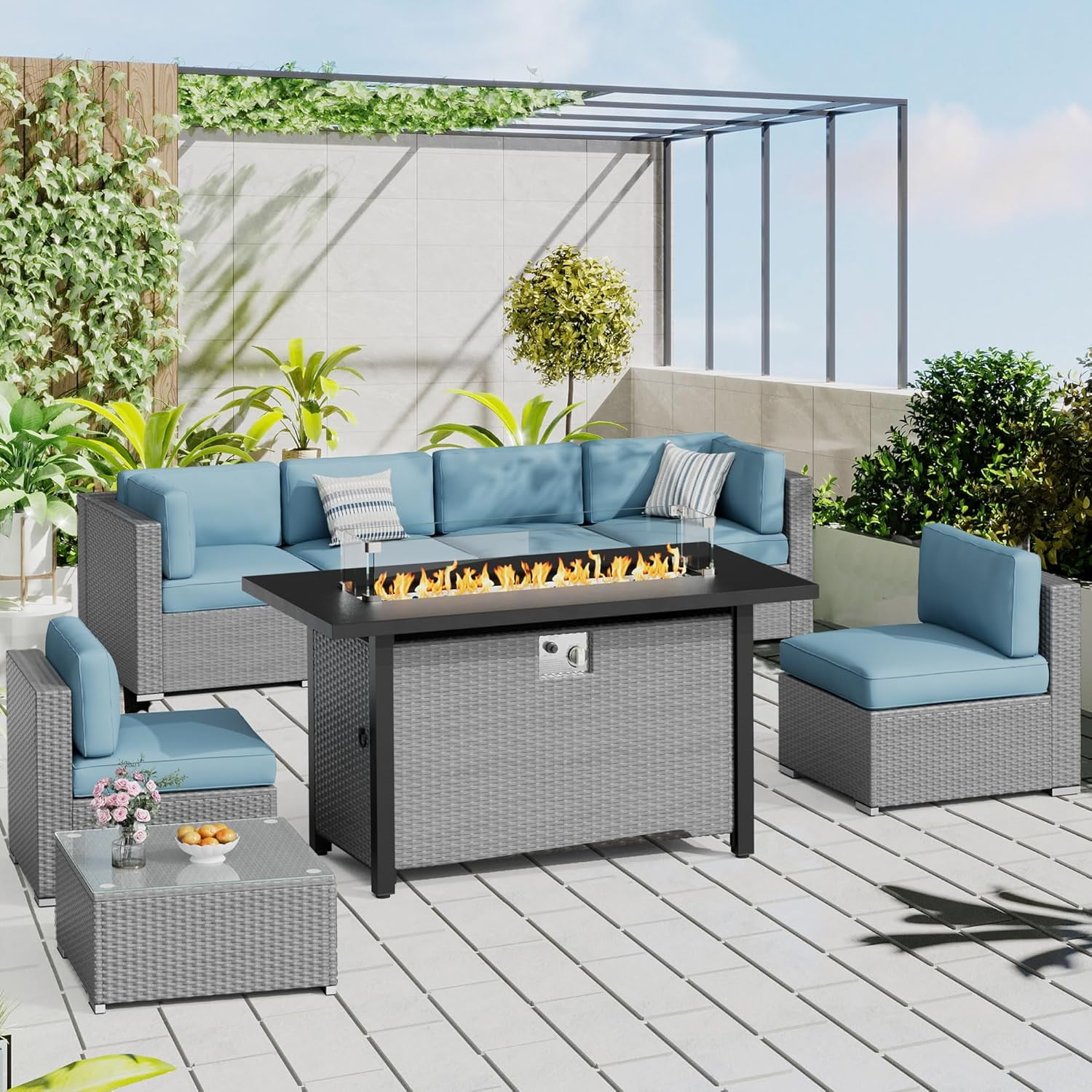 SUNCROWN Outdoor Fire Pit Table, 45in 50,000 BTU Wicker Patio Propane Gas Fire Pit with Glass Wind Guard, Aluminum Tabletop, Firepit Lid, Blue Clear Glass Rocks and Waterproof Cover, Grey