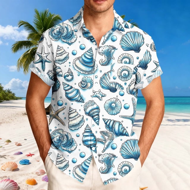 Ceisia Men's Hawaiian Blue Marine Life Print Short Sleeve Shirt | White Casual Button Down Beach Top Gifts