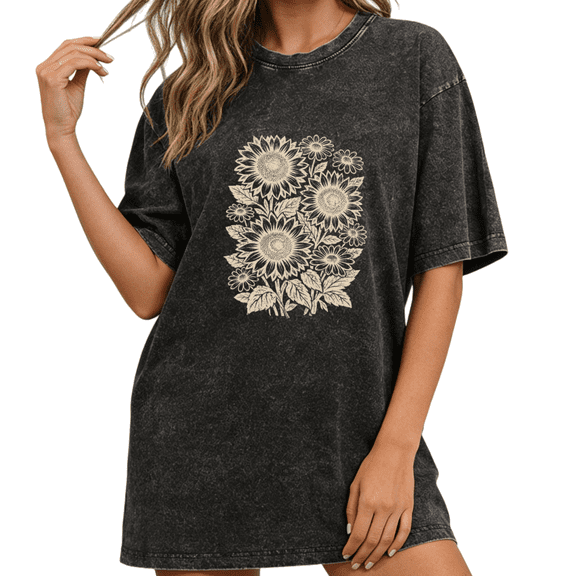 Giffimy Women's Vintage Sunflower Bouquet Graphic Oversized Short Sleeve T-shirt Floral Washed Tee