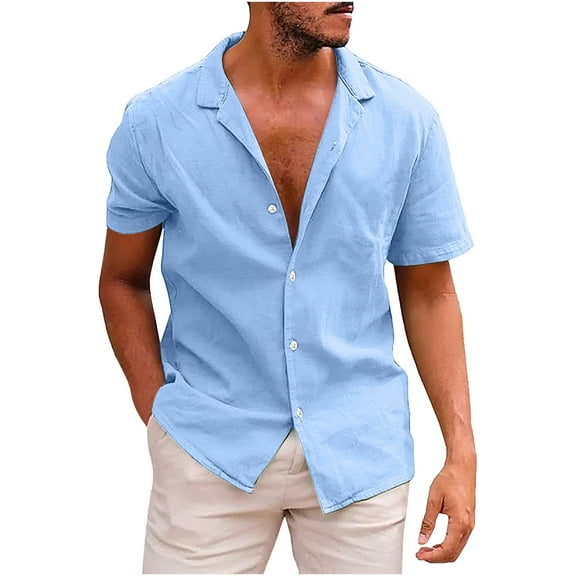 Tungbrin Mens Cotton Linen Shirts Summer Short Sleeve Collar Button down Tops Casual Solid Color Beach Shirts