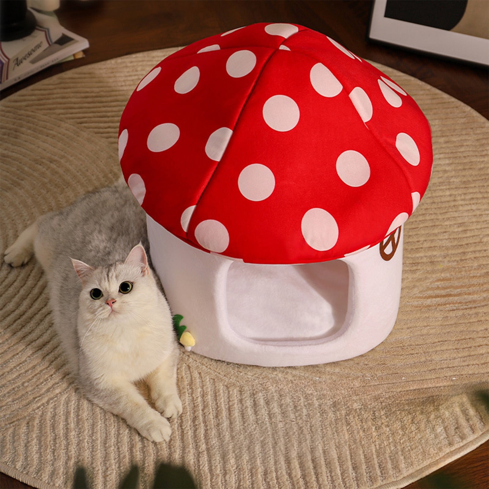 Comfortable Mushroom Cat Bed with Removable Cushion - Semi-Enclosed Cave Pet House for Indoor Cats and Small Dogs, Warm Washable Plush Den with Non-Slip Bottom, Cute Home Decor