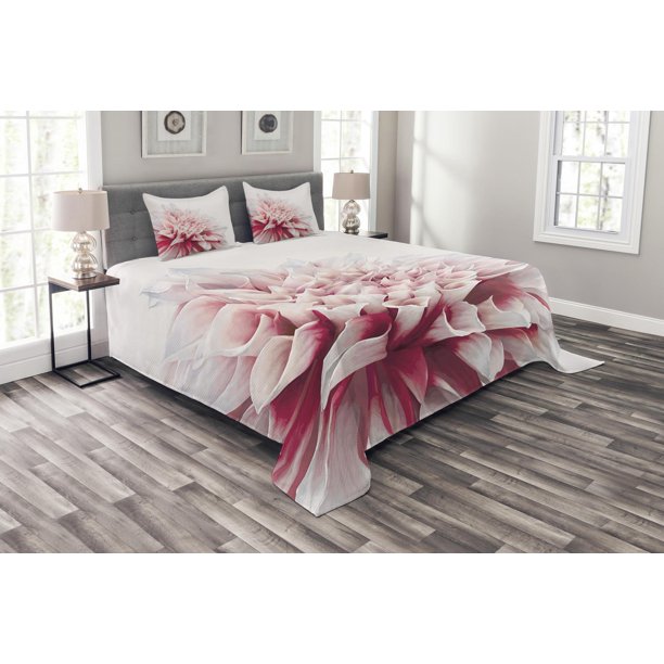 Dahlia Bedspread Set, Close Up Dahlia Blossom with Red and White Petals