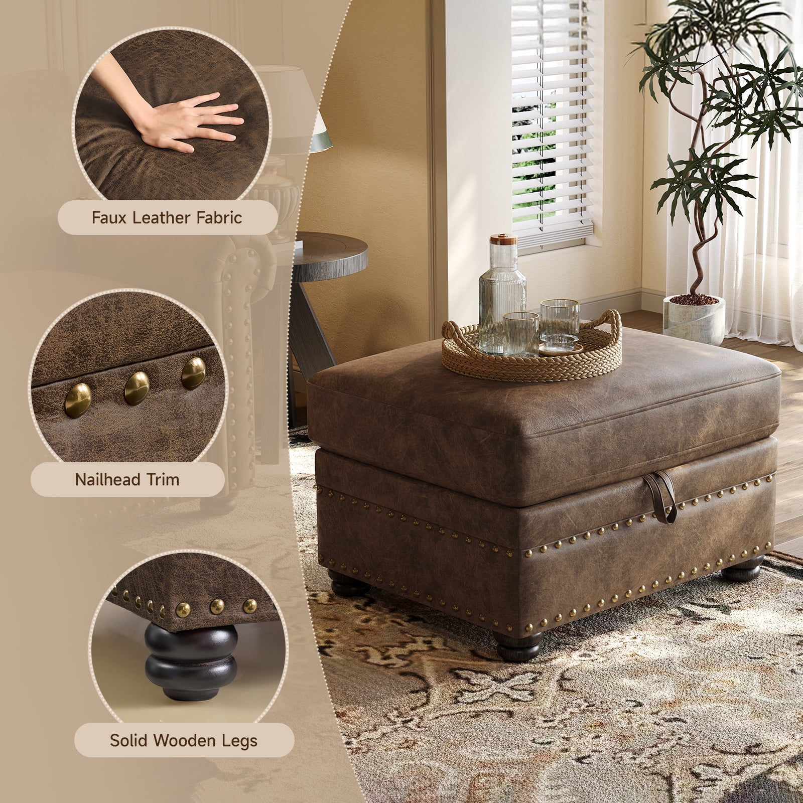 Faux Leather Ottoman with Storage, Nailhead Footrest Stool for Living Room, Brown