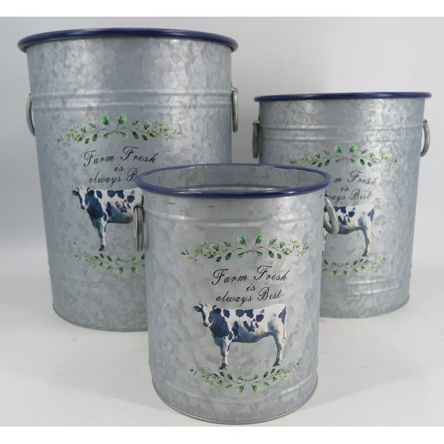 Set Of 3 Farm Fresh Is Always Best' With Cow And Leaves Bucket Shaped Handled Planters