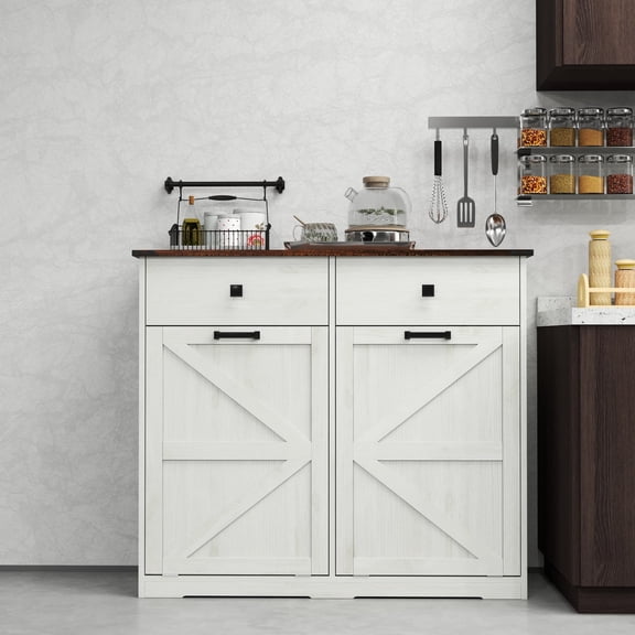 Jopath Farmhouse Double Tilt Out Trash Cabinet for 20 Gallon Trash Cans, Free Standing Recycling Cabinet with Hideaway Drawer, Laundry Sorter Cabinet for Living room Bathroom Kitchen White