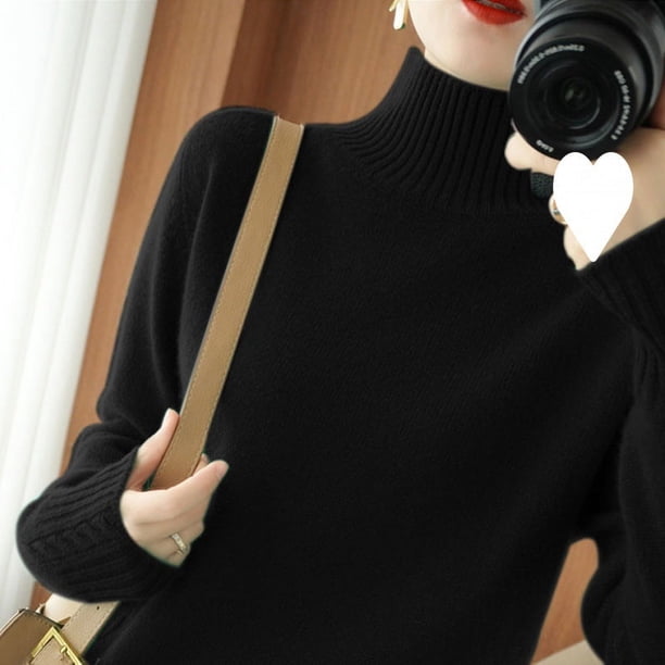 Suéter de punto de cuello alto medio para otoño e invierno, suéter elegante de lana de color sólido para mujer, jersey de base de punto grueso