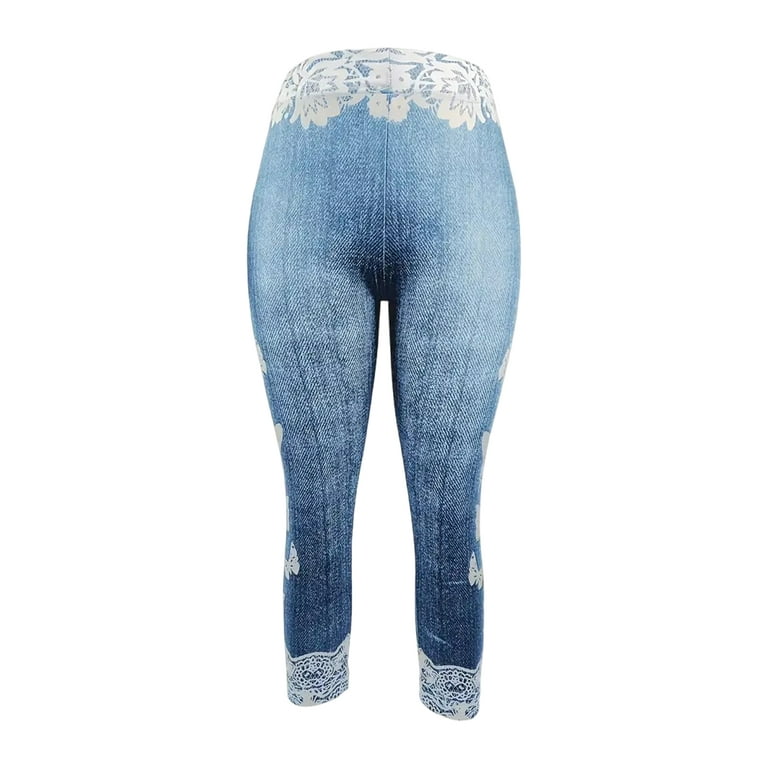 Capreze Women Plus Size Capri Leggings High Waist Fake Cropped Jeans  Butterfly Print Faux Denim Skinny Tights Tummy Control Jeggings Blue 3XL 