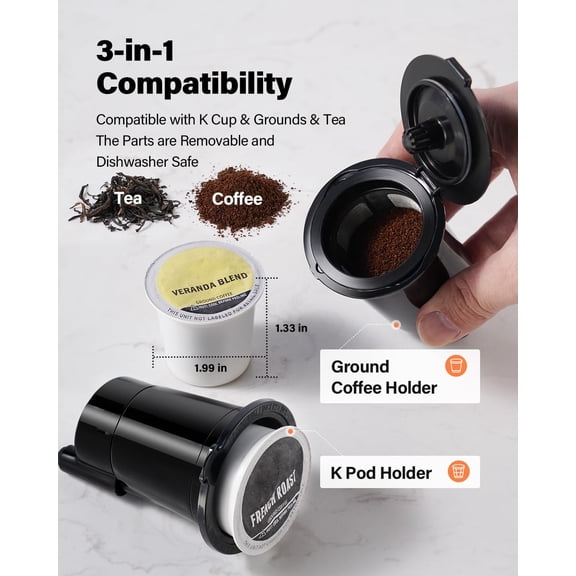 K Cup Coffee Maker With Bold Setting, Single Serve Hot & Iced Coffee Maker for K-Cup and Grounds, 52oz Removable Reservoir, 6 to14oz Brew Sizes, Pod Coffee Machine With Reusable Filter, Gray