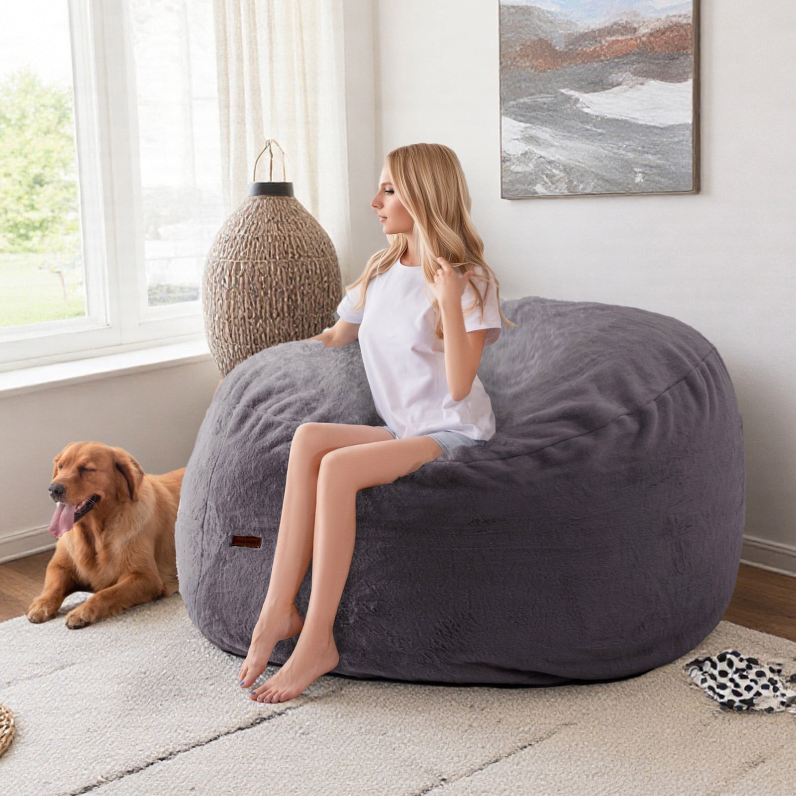 Giant Bean Bag Chairs Bean Bag Bed with Washable Cover Ultra Soft, Convertible Bean Bag from Chair to Mattress, Huge Cordoroys Bean Bags for Adult,Couples,Family,Dgrey,Queen