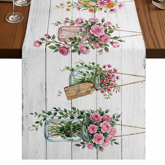 Table Runners 72 Inches Long Dress Scarves, Pink Spring Floral Farmhouse Kitchen/Dining Table Runner, Coffee Tablerunners, Wooden Elegant Farmhouse Botanical 18x72 Inch