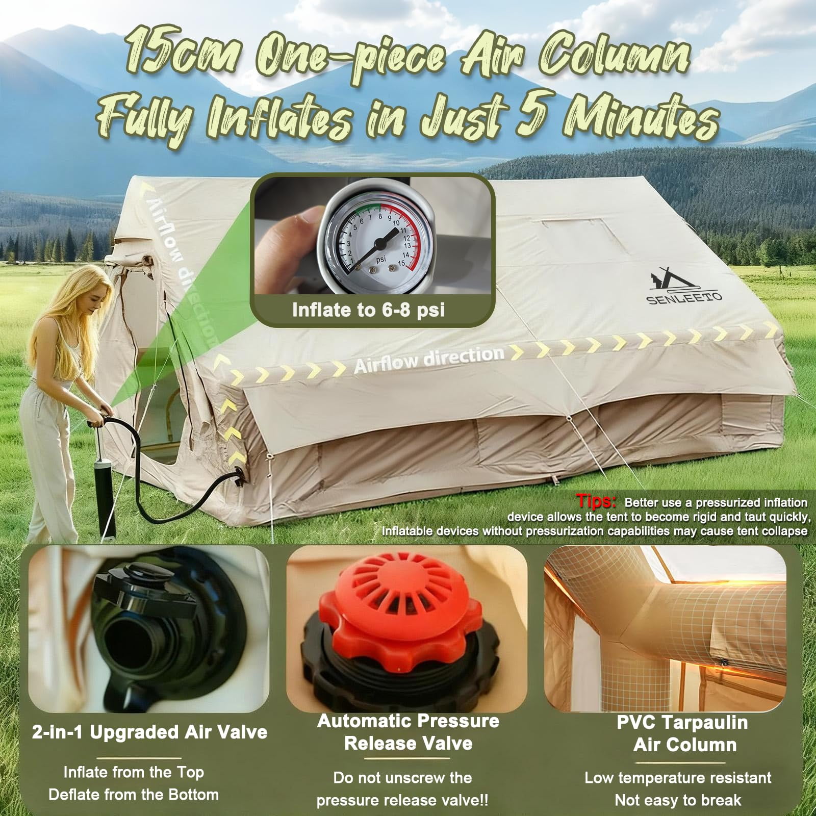 Inflatable Camping Tents 4/6/8/10 Person,131 Square Feets Large Blow up Tent with Stove Jack