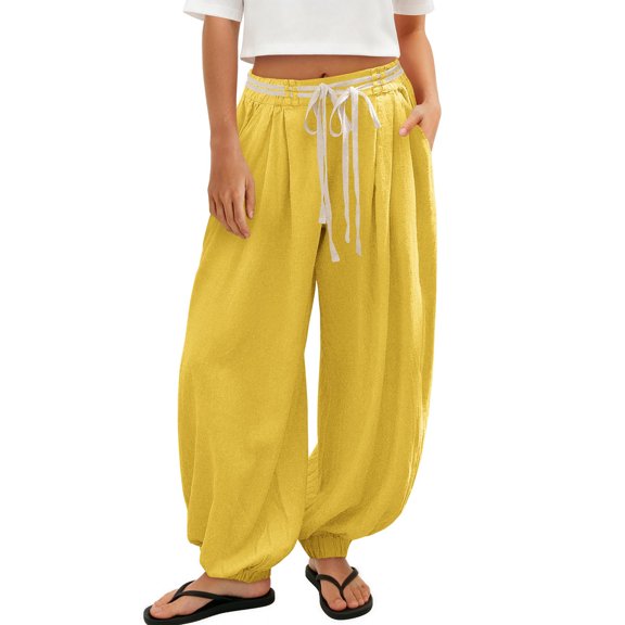 Dwellite Womens Linen Balloon Pants Lightweight Drawstring Baggy Pants with Pockets Summer Beach Trousers 2026 Yellow L