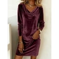 thumbnail image 4 of Velvet Dress for Women Casual Shirt Dresses Elegant Cocktail Long Sleeve Maxi Dress Purple S, 4 of 5