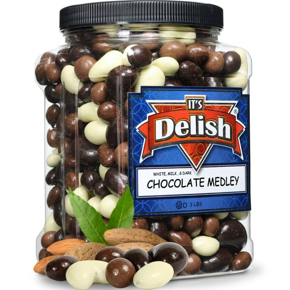 Gourmet Chocolate Bridge Mix Medley by Its Delish, 3 LBS Jumbo Container  Dark, Milk, and White Chocolate Coated Peanuts, Almonds, Raisins, Espresso Beans, Cashews, Macadamia Nuts Candy, Kosher Dairy