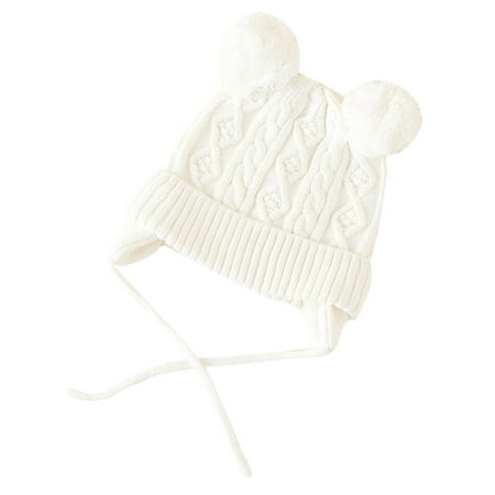 

YWDJ 1-3Years Toddler Kids Winter Wool Knitted Hat Outdoor Keep Warm Cute Hairball Lacing Kids Hat White 均码