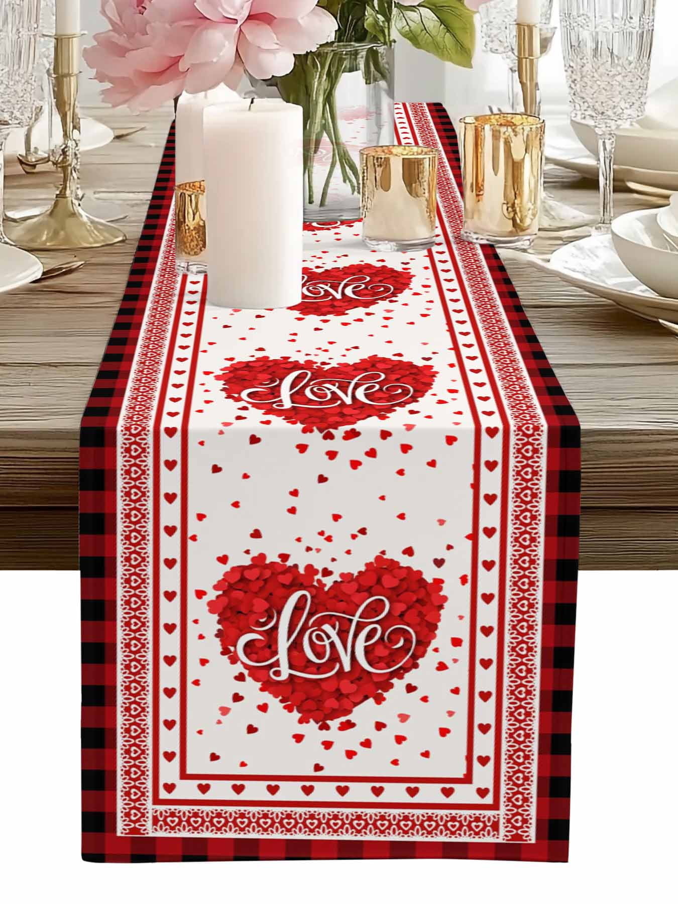 LOVE Heart Table Runner, Valentine's Day Romantic Red Plaid Boundary Washable Cotton-linen Table Runners Dining Kitchen Decoration for Everyday Home Wedding Party Decor, 13 x 90 Inch