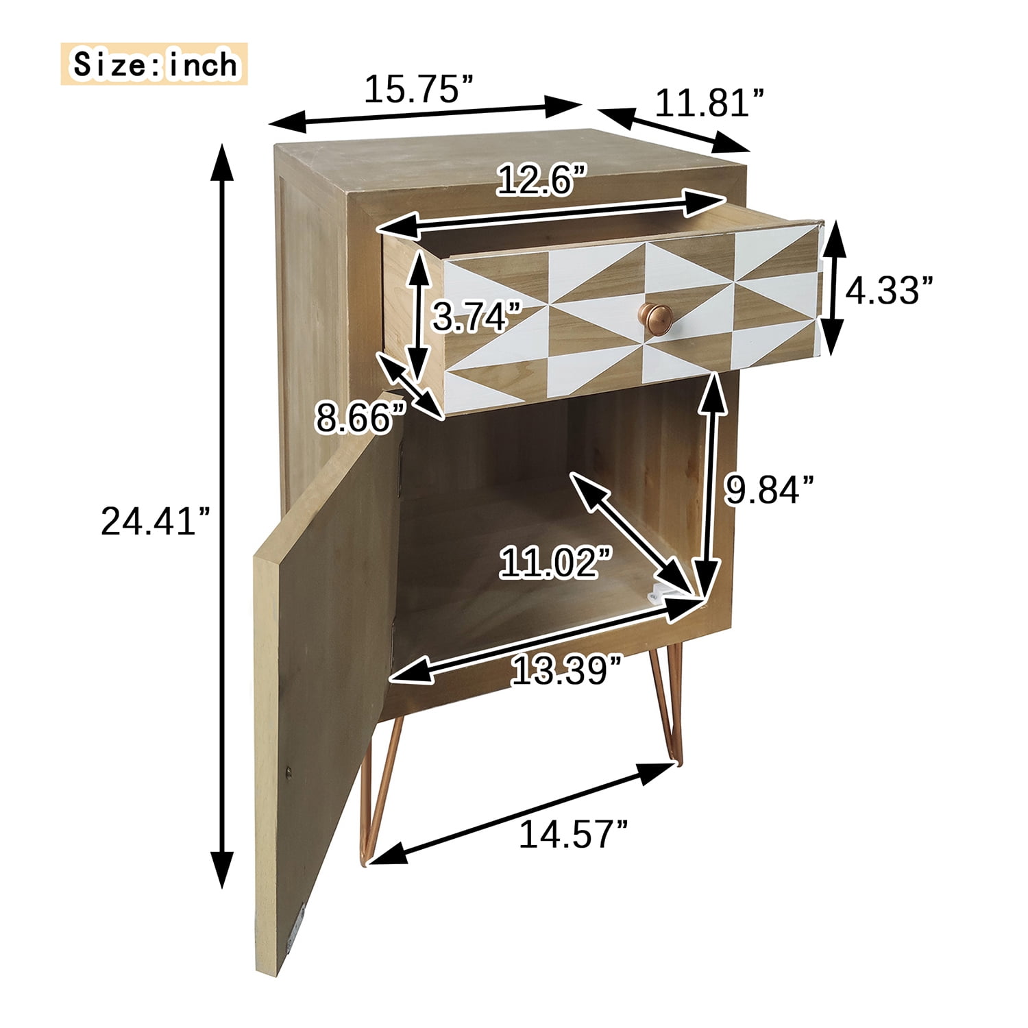 Kadyn Wooden Nightstand with One Drawer and One Cabinet, Modern Style Bedside Table with Metal Feet and Golden Handle, Storage End Table for Living Room and Bedroom, Natural Kadyn Wooden Nightstand with One Drawer and One Cabinet, Modern Style Bedside Table with Metal Feet and Golden Handle, Storage End Table for Living Room and Bedroom, Natural