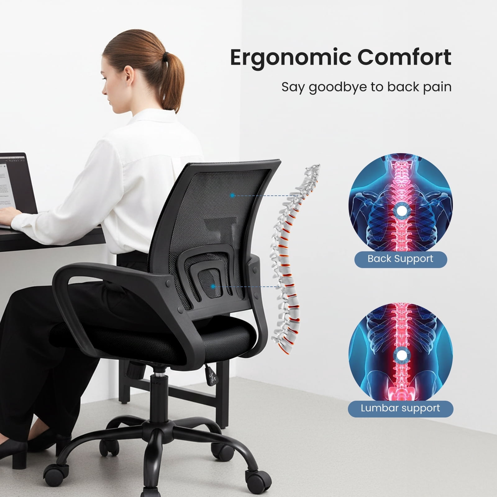 Sweetcrispy 250 lb Ergonomic Office Chair, Mesh Desk Chair with Lumbar Support & Adjustable Height, Rolling Computer Chair for Home Office, Black