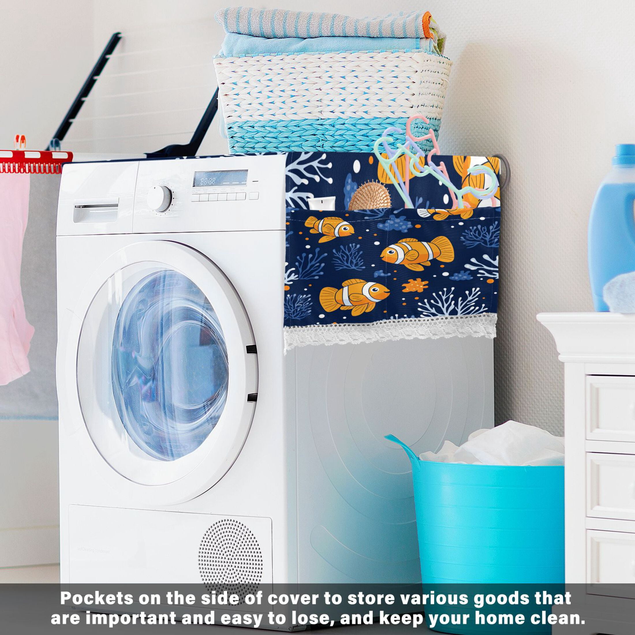 Washing Machine Cover 51.2x22in, Durable Polyester Dust Cover with Lace Trim and Side Pocket for Appliances Cute Clownfish Pattern