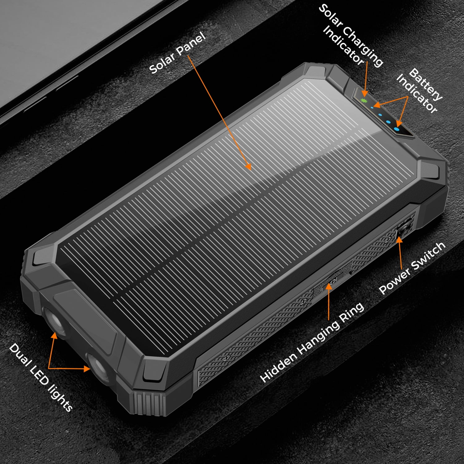 Alpha Digital Solar Power Bank, Wireless Charging, 20000mAh, Built-in Cables, IP65 Waterproof, Digital Display