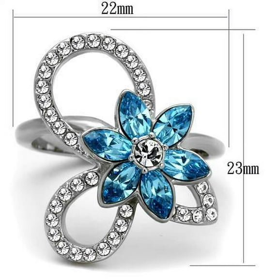 High polished (no plating) Stainless Steel Ring with Top Grade Crystal in Sea Blue for Women Sea Blue Stone Color Style TK2123 Size 10