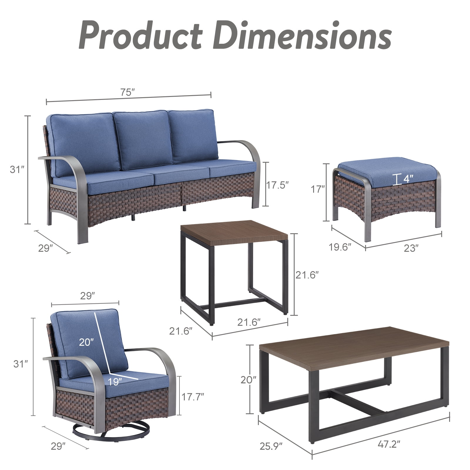 OPOHORO 7-Piece Outdoor Patio Furniture Set with Sofa, 2 Swivel Rocking Chairs, 2 Ottomans, Coffee Table and Side Table, PE Wicker Deep Seating with Blue Cushions