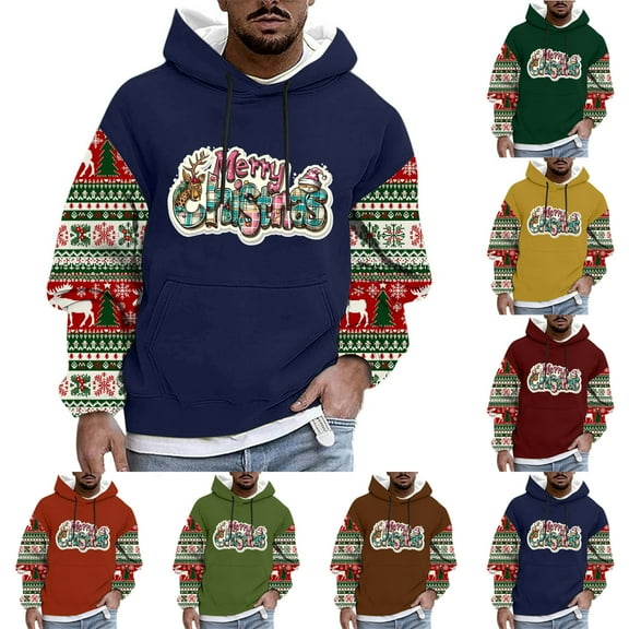 KeShDi Christmas Men's T-Shirts Fashion Men Casual Print Hooded Long Sleeve Drawstring Sweatshirt Top Blue 4X