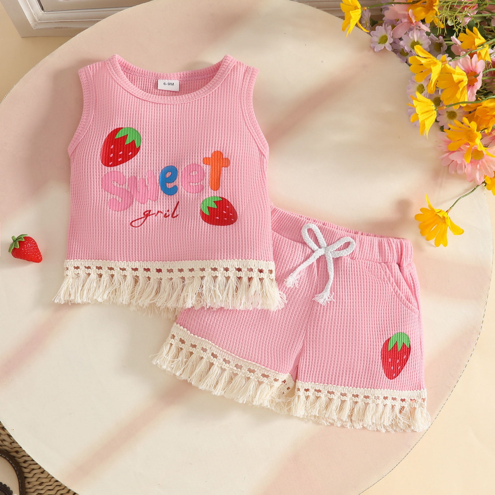 Faraee 0-3 Years Toddler Baby Girl Summer Clothes Ribbed Waffle 2 Piece Outfits Tassel Hem Tank Tops Drawstring Shorts Clothing Set Pink