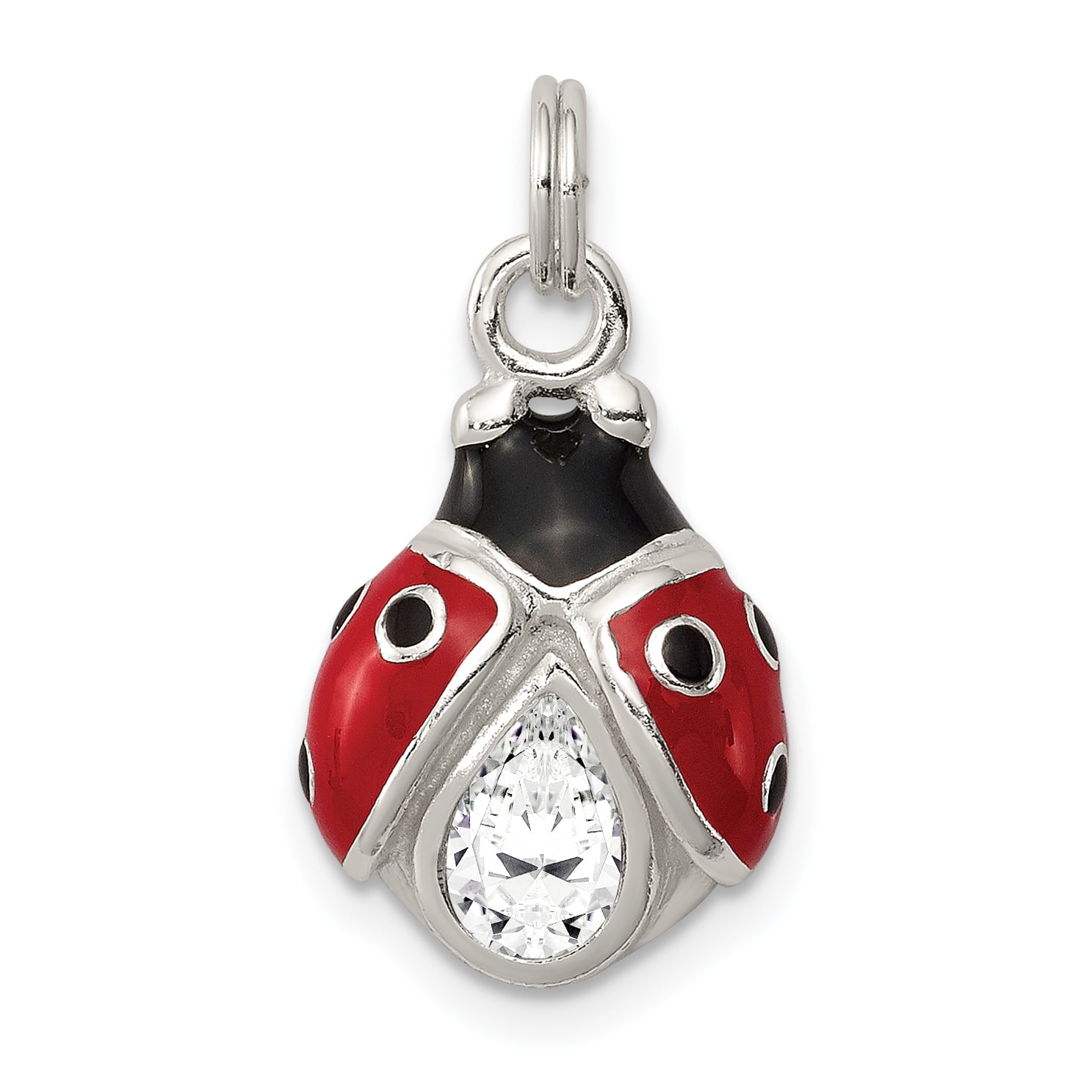 20mm x 10mm Solid 925 Sterling Silver Pendant Cubic Zirconia CZ Black & Red Enameled Polished Lady Bug Charm 
