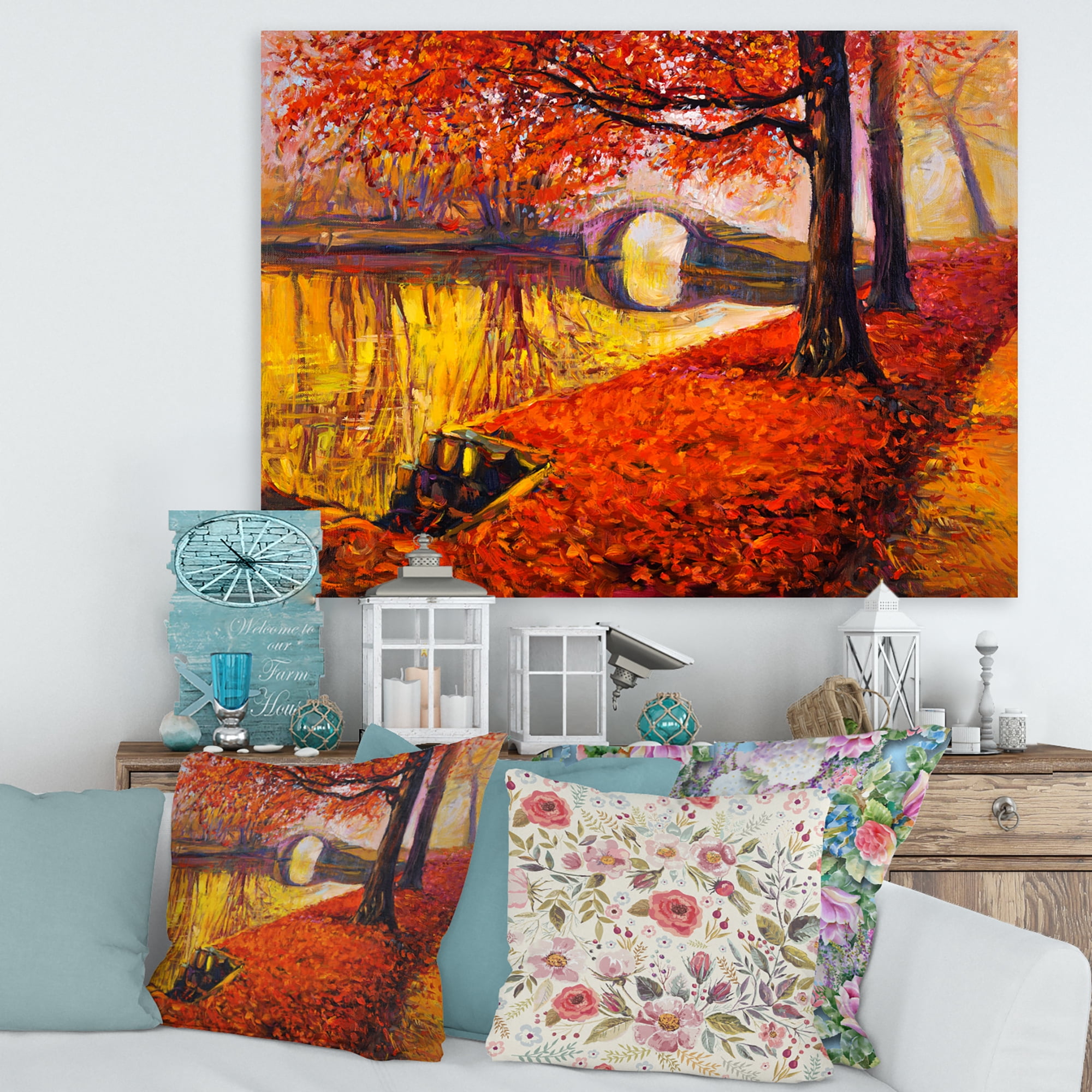 Designart ' Little Bridge In Deep Orange Autumn Landscape I ' Traditional Canvas Wall Art Print