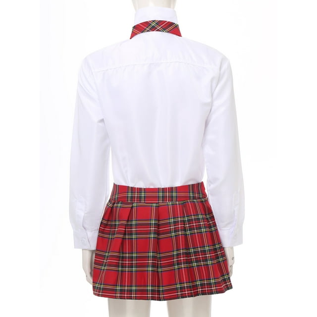 Yeahdor Ensemble d'Uniforme Scolaire pour Femmes Cosplay Fermeture Éclair Jupe Mini Plissée à Carreaux avec Cravate Déguisement d'Halloween Rouge P