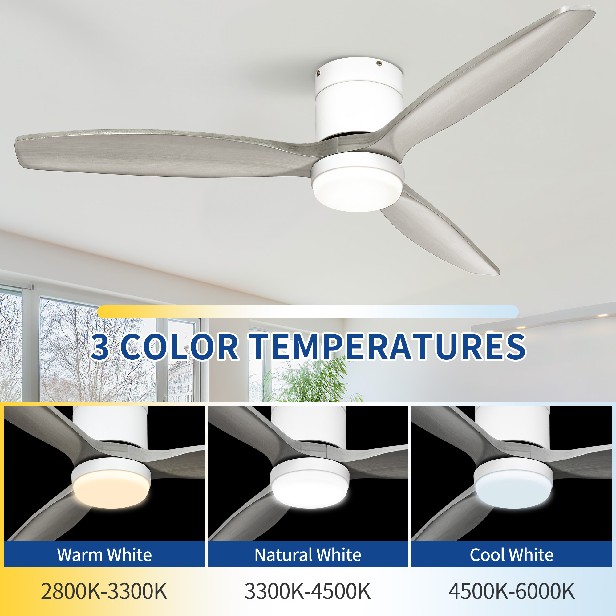 Dextrus 52in White Gray Flush Mount Ceiling Fan with Remote Control