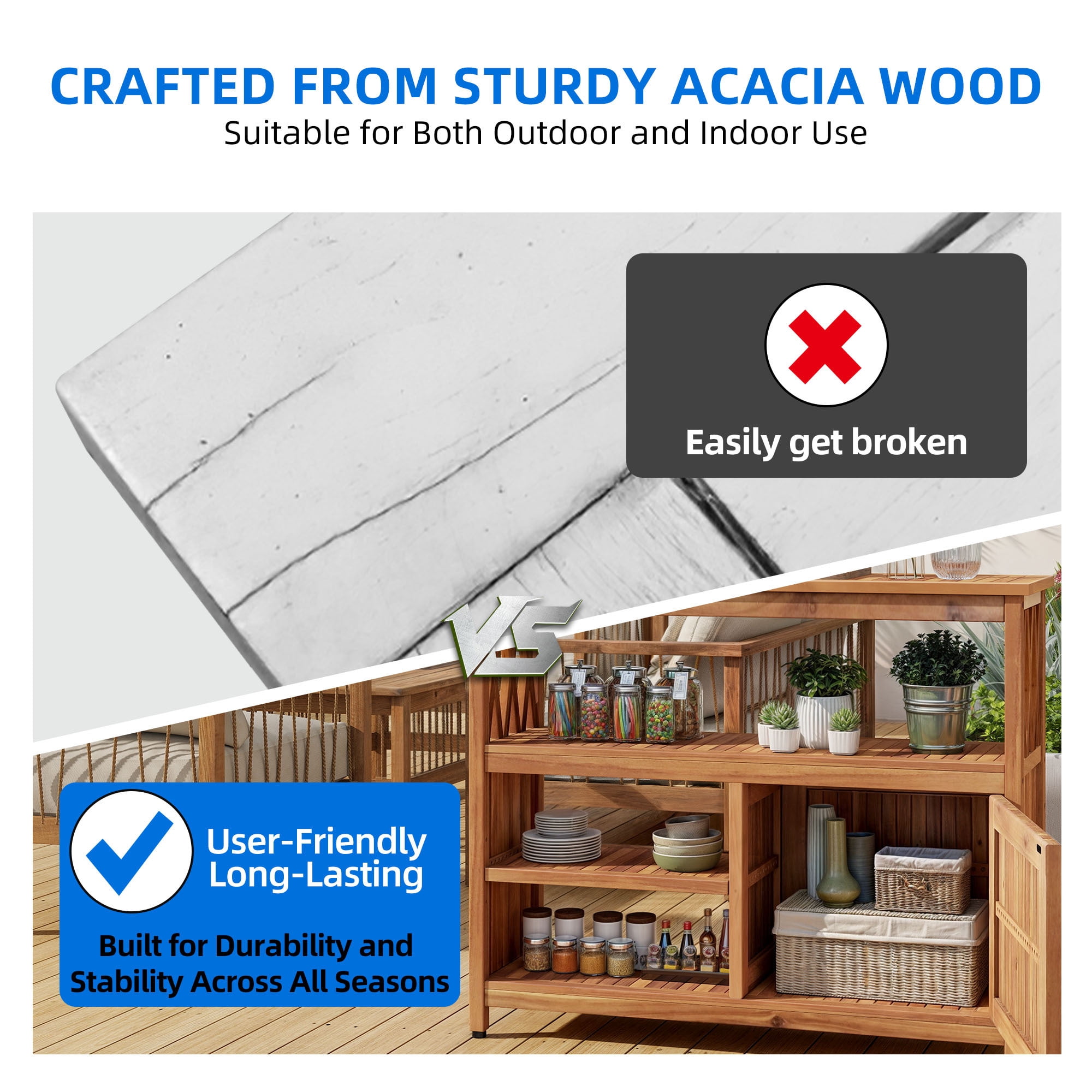 Uforic Patio Buffet Sideboard Cabinet with Doors & Shelves, 4-Tier Wood Storage Cabinet for Outdoor & Indoor, Natural