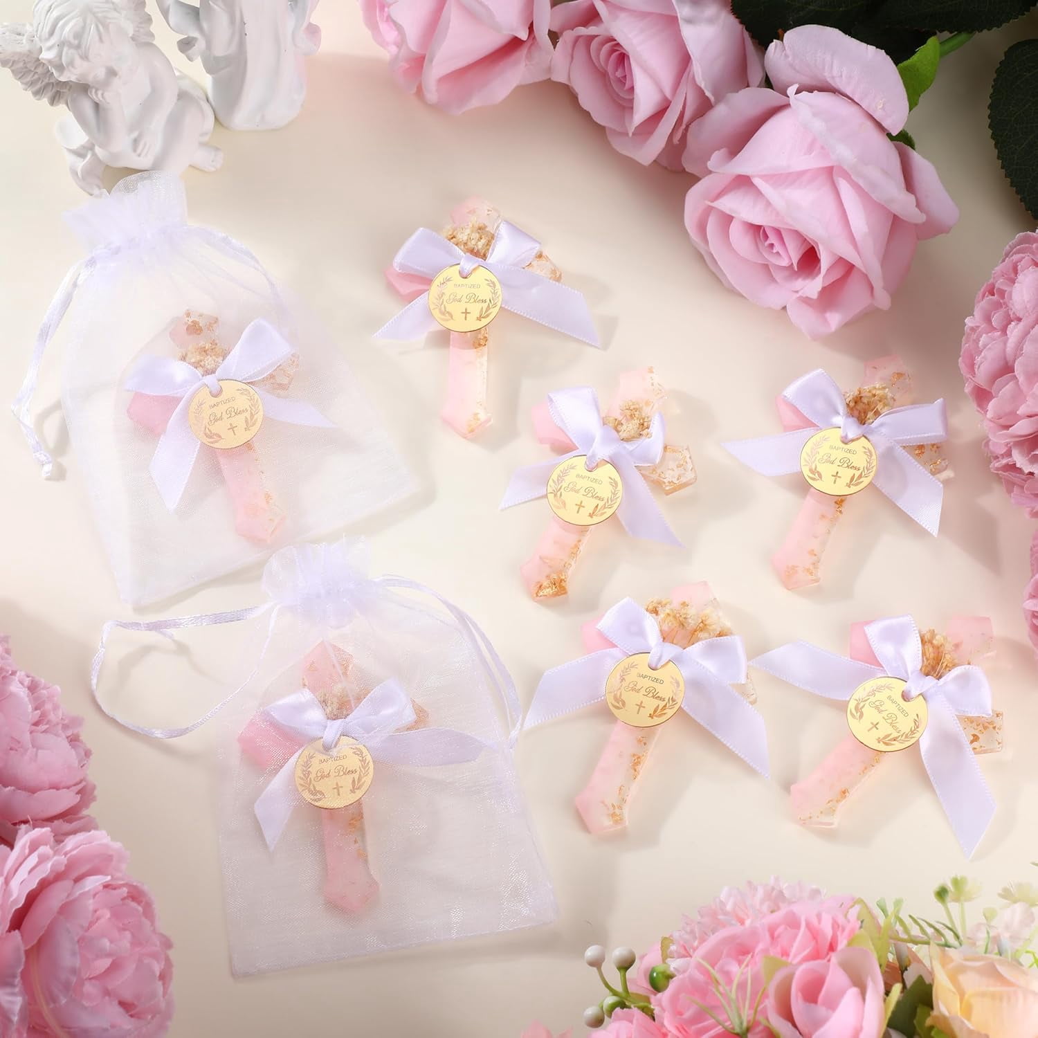 24 Pcs Baptism Favors for Guests Epoxy Cross Fridge Magnets First Communion Cross with Flower Christian Souvenirs Gift for Baptism Christening Baby Shower Party Family Gathering (Pink)
