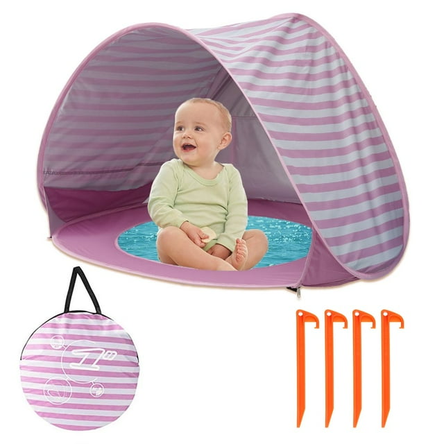 Tente de Plage pour Bébé Pop-Up, Tente de Piscine pour Enfants 50+ Protection Solaire UV avec Piscine Séparable pour Intérieur Extérieur (Rayures Vert Lac Roses)