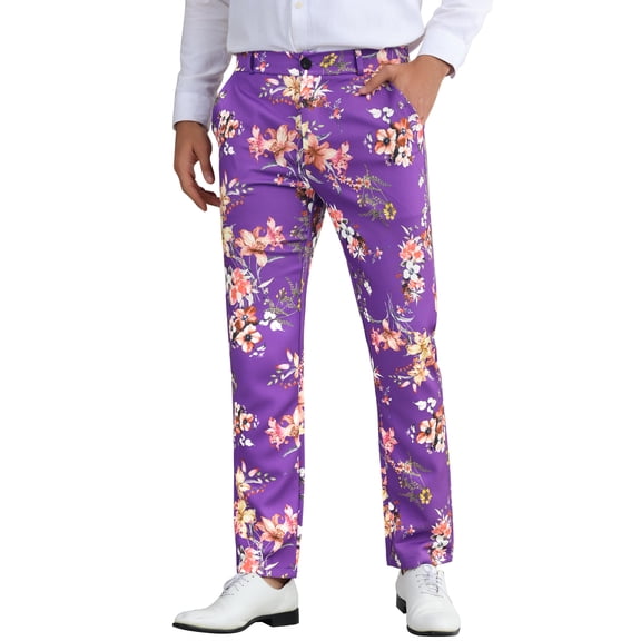 INSPIRE CHIC Men's Pants Floral Print Flat Front Straight Leg Trouser 30 Purple
