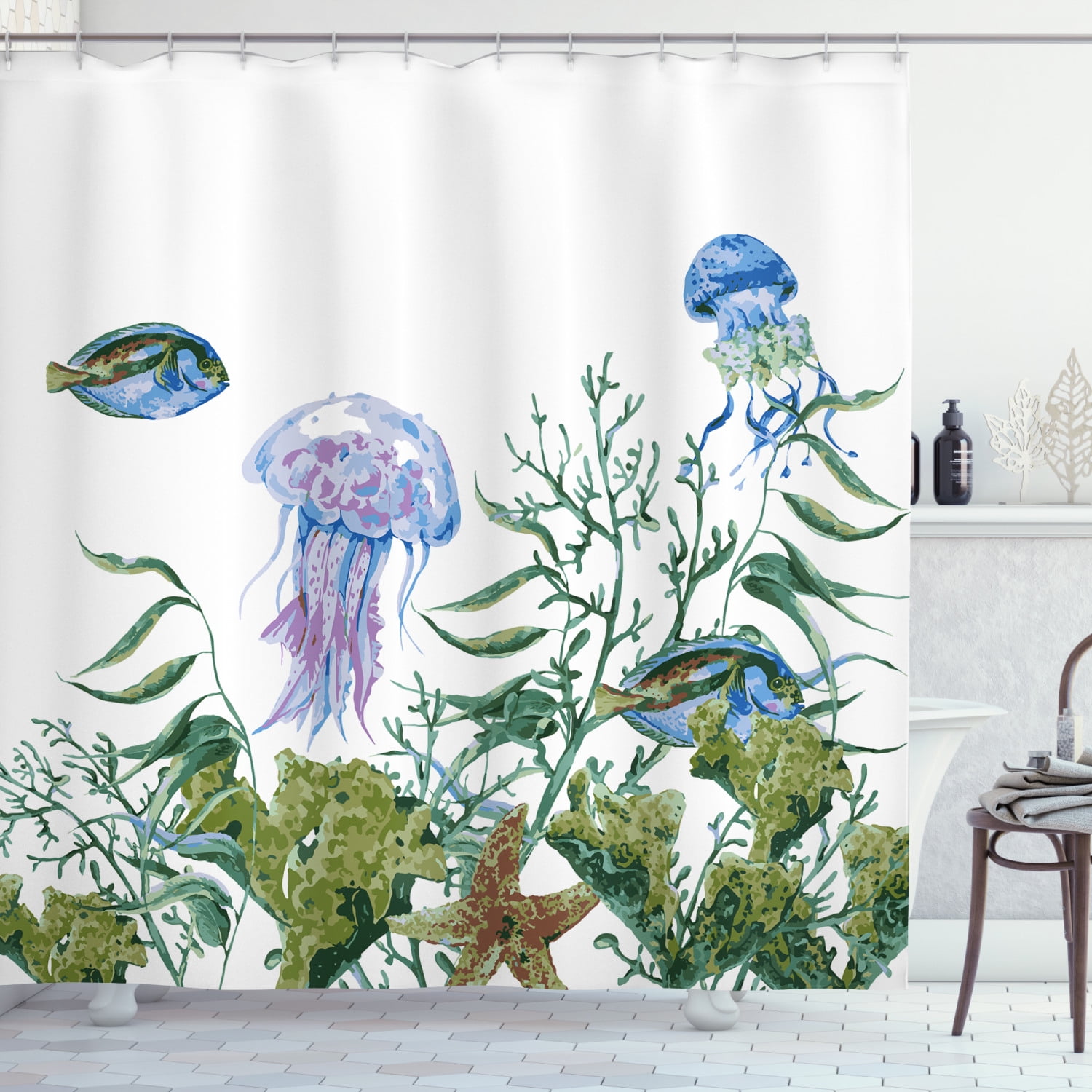 Mermaid and Jellyfish Shower Curtain Bathroom Decor Fabric & 12hooks 71*71inches 