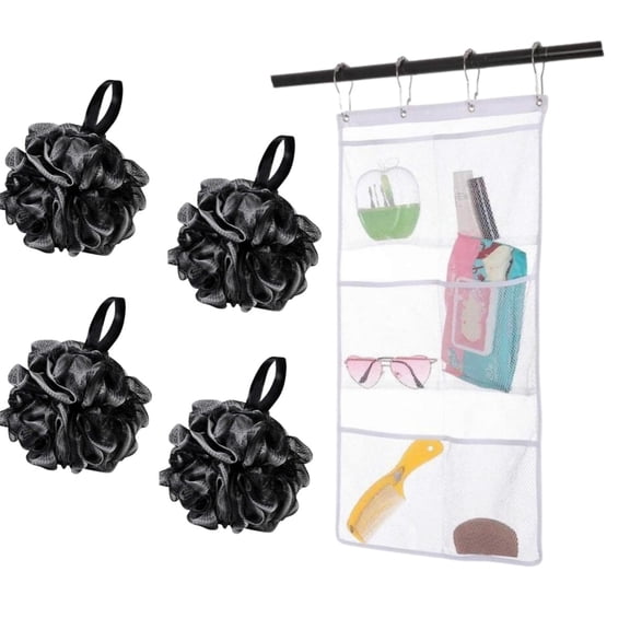 Topboutique Bath Shower Loofah Sponge 70g With Mesh Shower Organizer Hanging, Bath Mesh Pouf Shower Ball Body Scrubber Exfoliating Bath Sponge for Women and Men, Set of 5, Black White