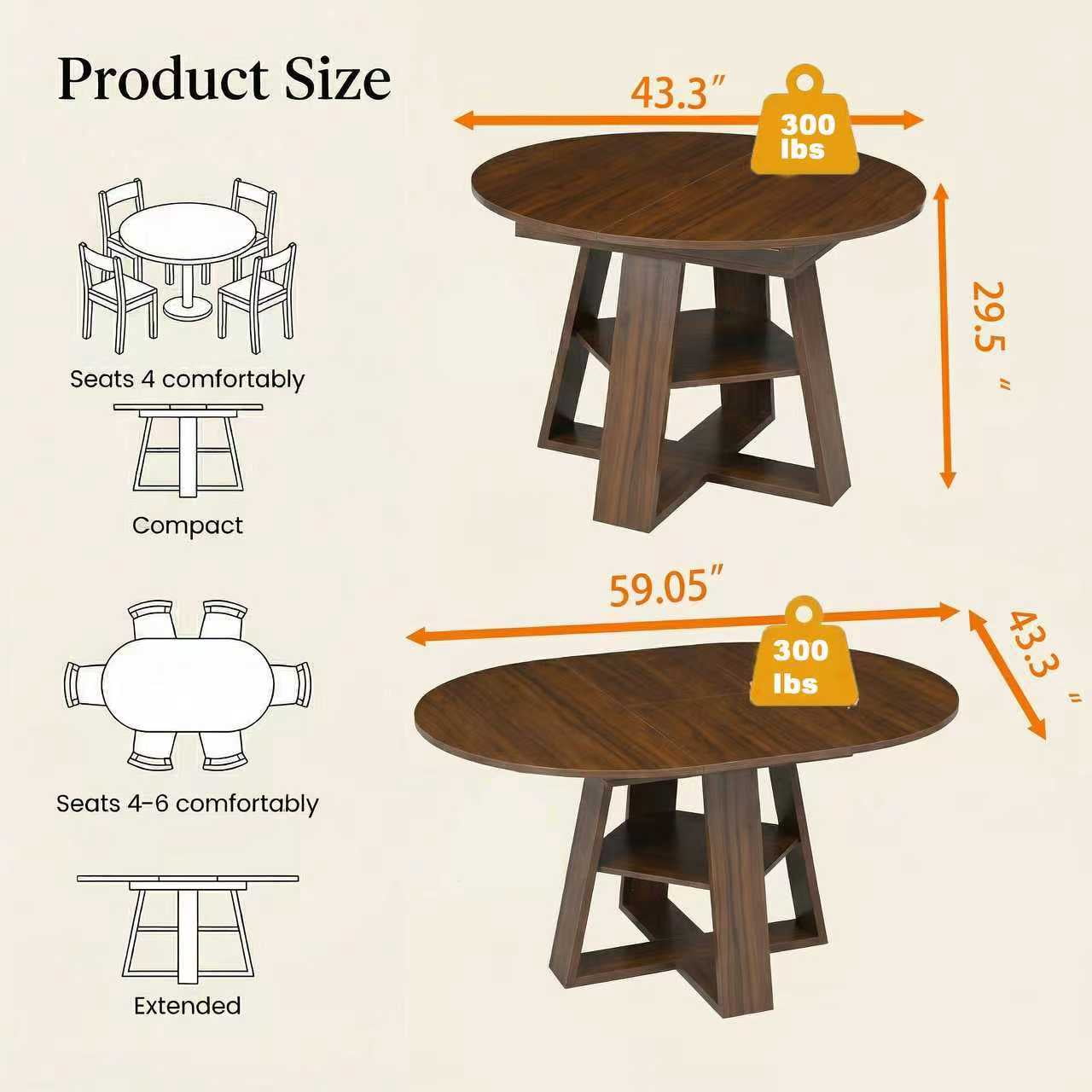 Extendable Dining Table for 4-8, Round to Oval Kitchen Table with Storage Shelf, Thick MDF, Cross-Shaped Base, 43.3 to 59-Inch Length, 300 Lbs Capacity, for Dining Room Kitchen Living Room, Walnut